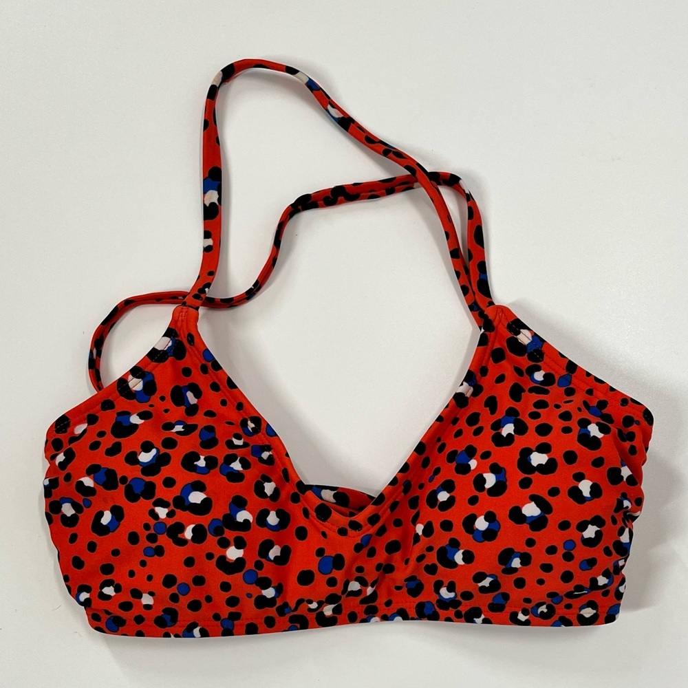 Leopard Print Bright Orange Padded Crisscross Strappy Back Bikini Top Size Small